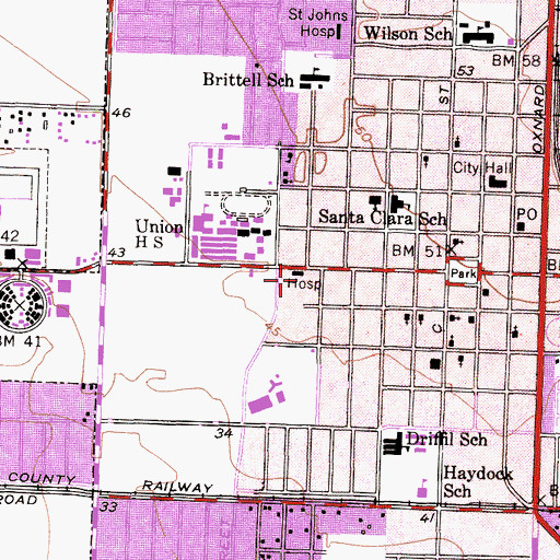 Topographic Map of Oxnard Community Hospital, CA