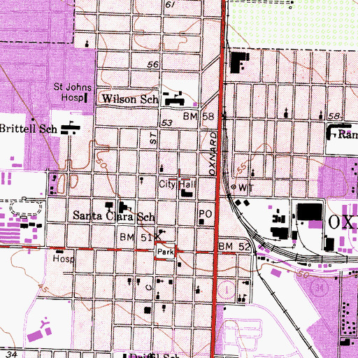 Topographic Map of Oxnard Public Library, CA
