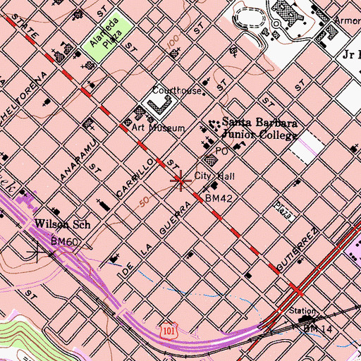 Topographic Map of El Paseo Plaza de la Guerra, CA