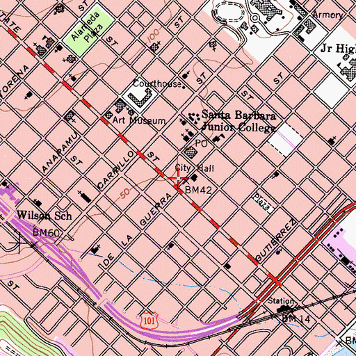 Topographic Map of Santa Barbara City Hall, CA
