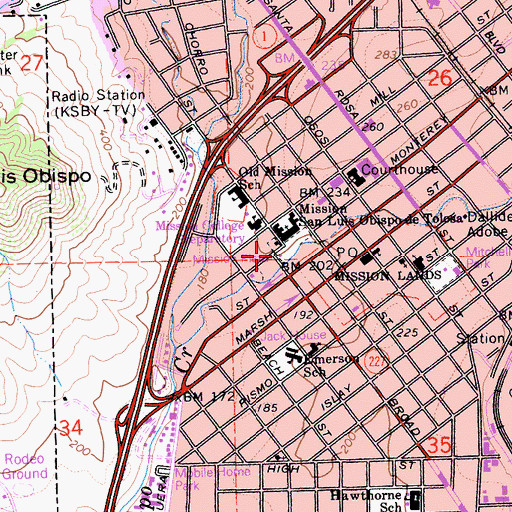 Topographic Map of Mission Plaza, CA