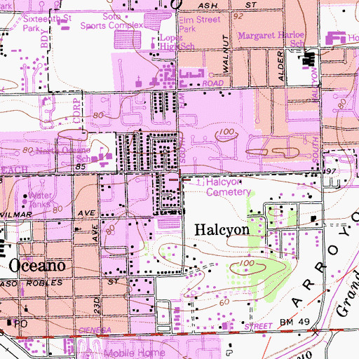 Topographic Map of Halcyon Cemetery, CA