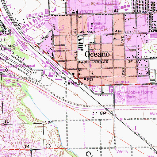 Topographic Map of Oceano Post Office, CA