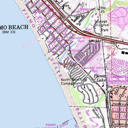 Topographic Map of Pismo Coast Village Recreational Vehicle Resort, CA