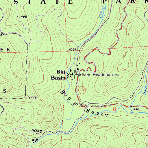 Topographic Map of Big Basin Redwoods State Park Headquarters, CA