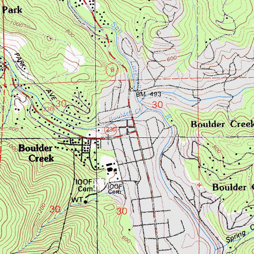 Topographic Map of Boulder Creek Branch Santa Cruz City-County Library, CA
