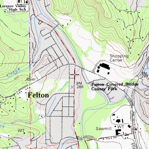 Topographic Map of Felton Covered Bridge County Park, CA