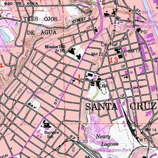 Topographic Map of Santa Cruz Adult School, CA