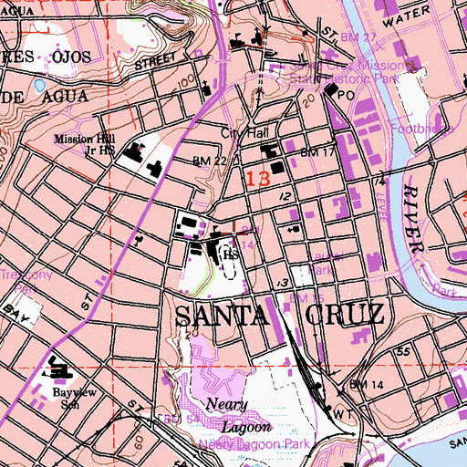 Topographic Map of Santa Cruz Downtown Historic District, CA