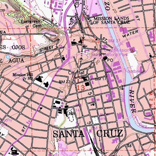 Topographic Map of Santa Cruz City Hall, CA