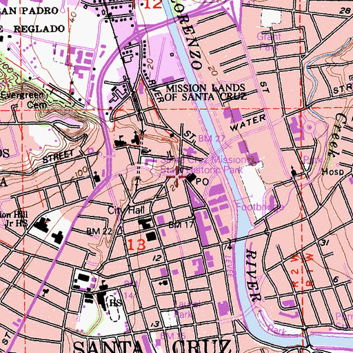 Topographic Map of Santa Cruz Post Office, CA