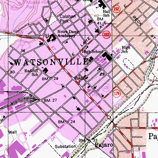 Topographic Map of Watsonville Public Library, CA