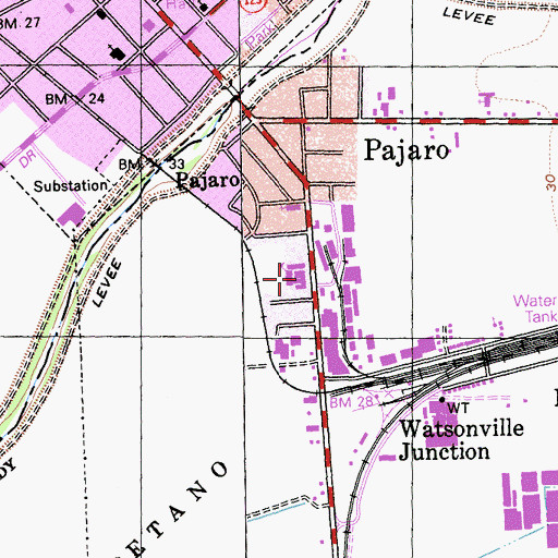 Topographic Map of Pajaro Middle School, CA