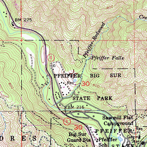 Topographic Map of Pfeiffer Falls Trail, CA