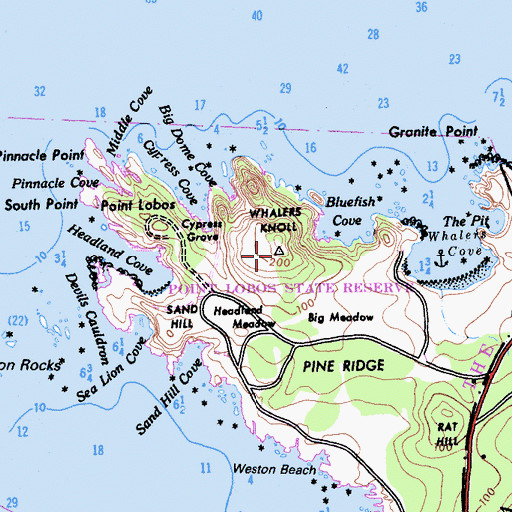 Topographic Map of Whalers Knoll Trail, CA