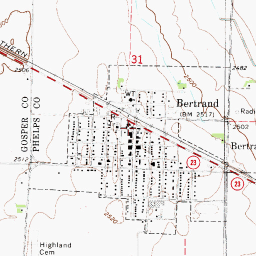 Topographic Map of Bertrand Post Office, NE