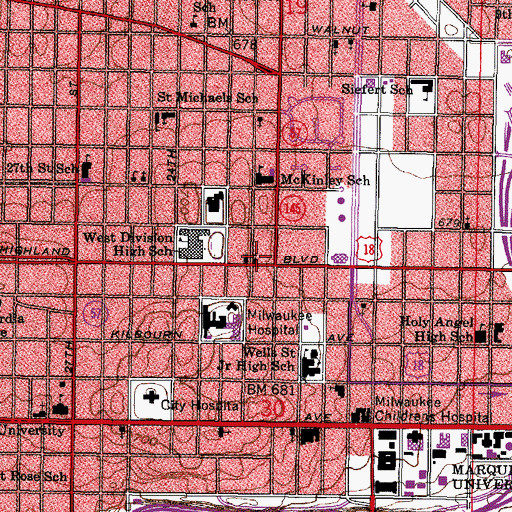 Topographic Map of Highland Avenue United Methodist Church, WI