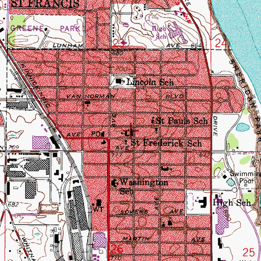 Topographic Map of Saint Fredericks Roman Catholic Church, WI