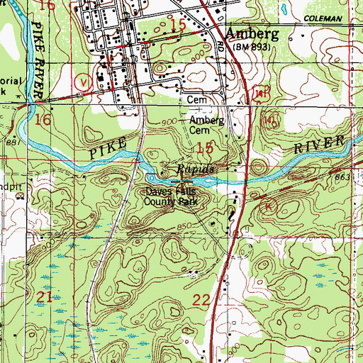 Topographic Map of Daves Falls, WI