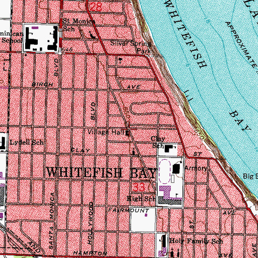Topographic Map of Whitefish Bay Village Hall, WI