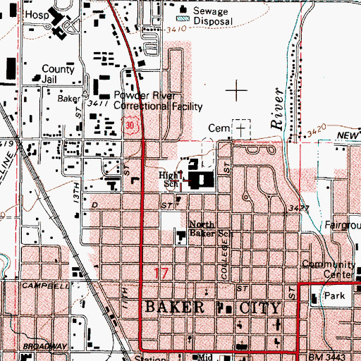 Topographic Map of Baker High School, OR