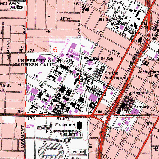 Topographic Map of University Branch Los Angeles Public Library, CA