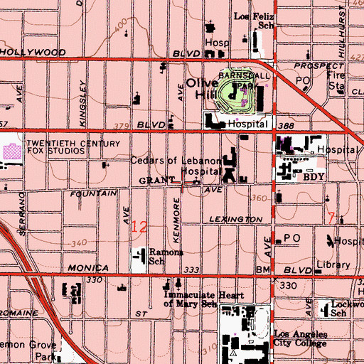 Topographic Map of Fountain Avenue Baptist Church, CA
