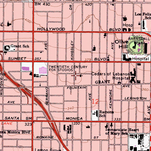 Topographic Map of Hollywood Seventh Day Adventist Church, CA