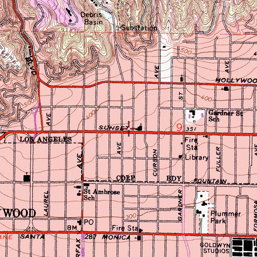 Topographic Map of Hollywood Church of Religious Science, CA