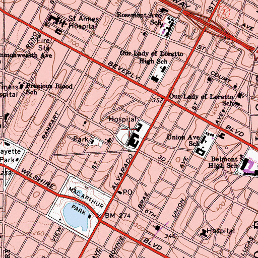 Topographic Map of Saint Vincent College of Nursing, CA
