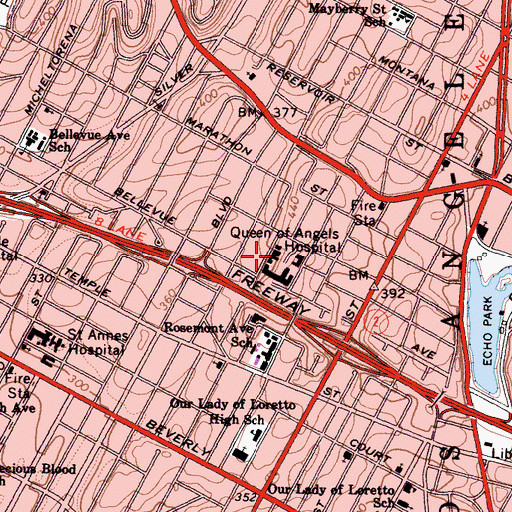 Topographic Map of Queen of Angels School of Nursing, CA