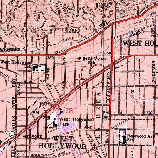 Topographic Map of West Hollywood Foursquare Church, CA