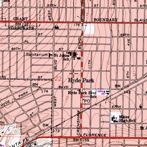 Topographic Map of Hyde Park Church of God, CA