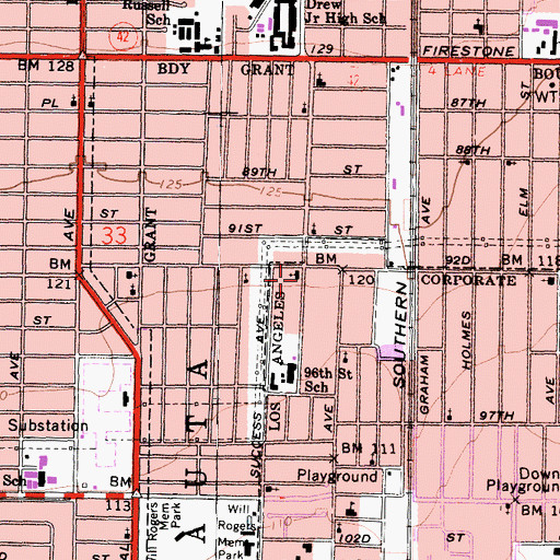 Topographic Map of Ninetysecond Street Christian Church, CA