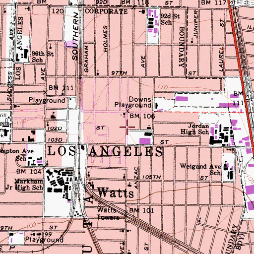 Topographic Map of One Hundred Second Street Childrens Center, CA