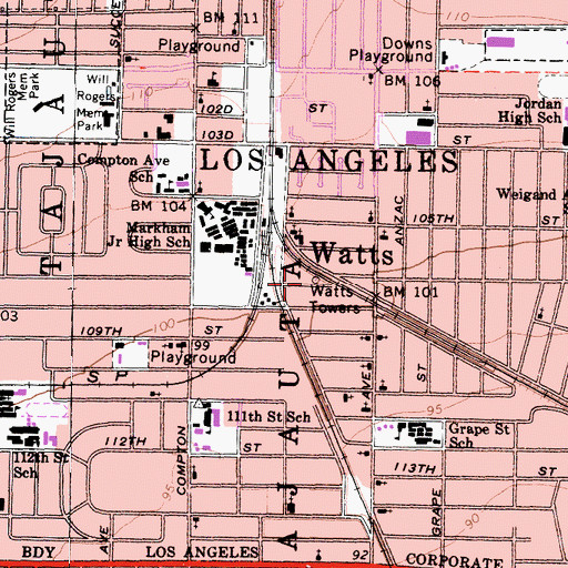 Topographic Map of Simon Rodia Community Art Center, CA