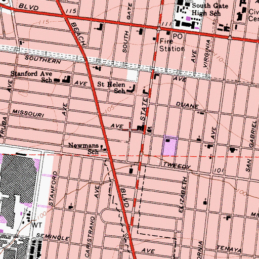 Topographic Map of South Gate United Methodist Church, CA