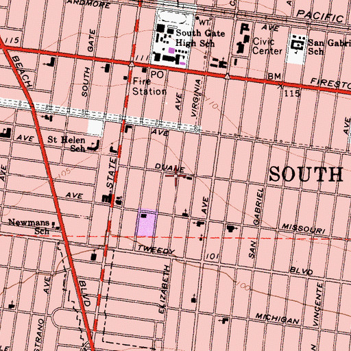 Topographic Map of Central Christian Church of South Gate (historical), CA