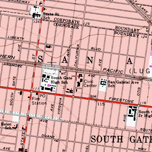 Topographic Map of South Gate Hall of Justice, CA