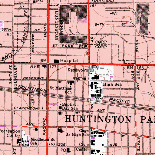 Topographic Map of First Evangelical Methodist Church of Huntington Park, CA