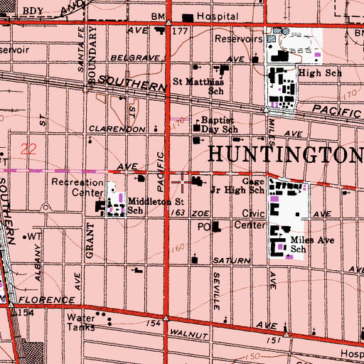 Topographic Map of First United Methodist Church of Huntington Park, CA