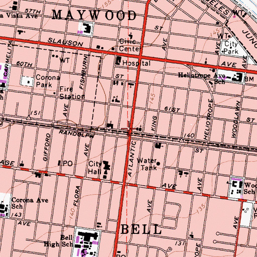 Topographic Map of Maywood United Methodist Church, CA