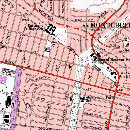 Topographic Map of First Southern Baptist Church of East Los Angeles, CA