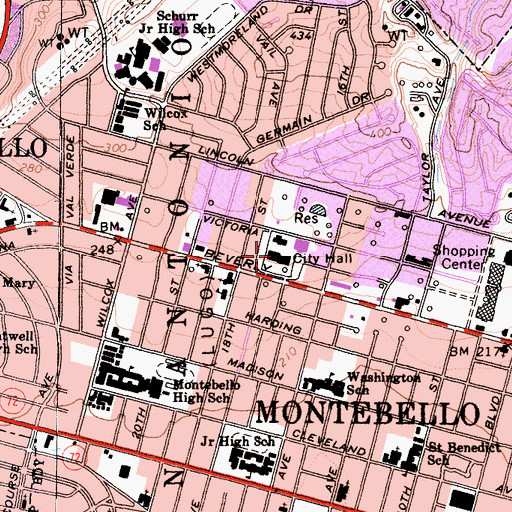 Topographic Map of Montebello City Hall, CA