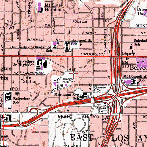 Topographic Map of Belvedere Park Baptist Church, CA