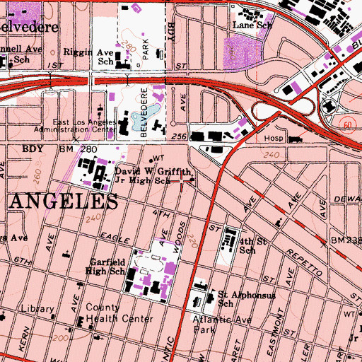Topographic Map of Beverly Orthodox Presbyterian Church, CA
