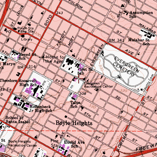 Topographic Map of Evergreen Baptist Church, CA