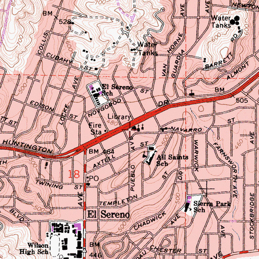 Topographic Map of El Sereno Foursquare Church, CA