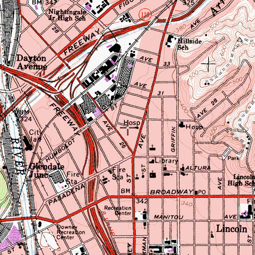 Topographic Map of Lincoln Heights Convalescent Hospital, CA