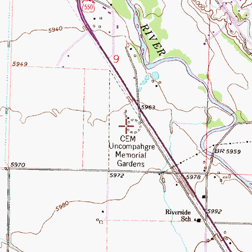 Topographic Map of Uncompahgre Memorial Gardens, CO